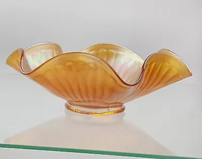 Buy Carnival Glass Ruffled Bowl Fluted Pattern Marigold Colour Fruit Bowl • 9.95£