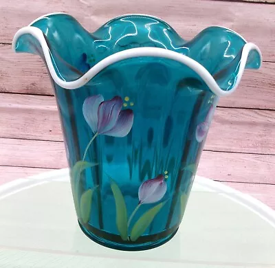 Buy Vintage FENTON Teal Blue Heirloom Optics Vase Painted Flowers Signed Neader 2003 • 66.31£