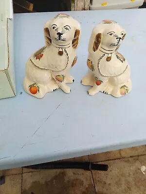 Buy Pair Staffordshire Spaniel Mantle Wally Dogs Floral + Gold Tone Figurines - VGC • 25£