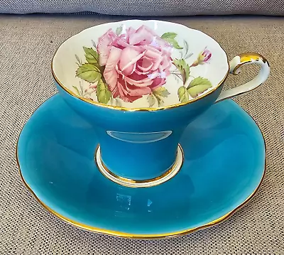 Buy Aynsley Turquoise Teacup & Saucer Set Vintage Antique Cabbage Rose Pattern Rare • 66£