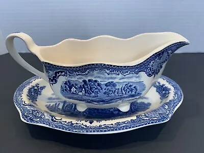 Buy Johnson Brothers Warwick Castle Blue & White Gravy Boat And Under-plate Set. • 57.91£