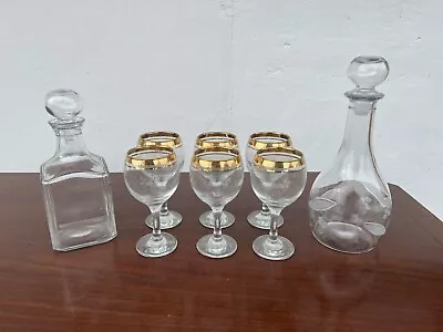 Buy Vintage Glassware -2xDecanter - 6xGold/Gold Coloured Banded Glasses • 12.99£