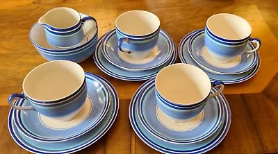 Buy Gray's Pottery Blue Art Deco Banded  4 X Tea Trio Plus Sugar Bowl Milk Jug, 1930 • 100£