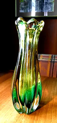 Buy Stunning Bohemian Crystal Glass Yellow-Green Vase, 28.5 Cm Tall, Heavy 1.560 Kg • 28£