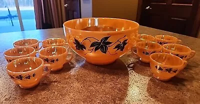 Buy Vintage Fire King Anchor Hocking Peach Lustre Ivy Punch Bowl Set With 10 Cups • 52.75£