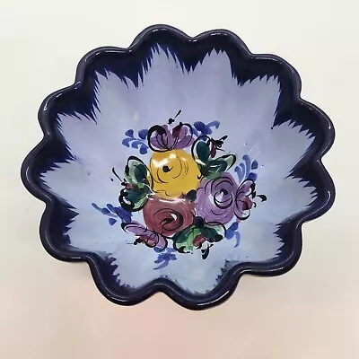 Buy Vestal Alcobaca Portugal Pottery Sm Blue Bowl Hand Painted Flowers Vintage • 18.05£