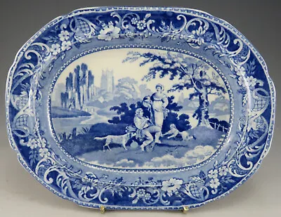Buy Antique Pottery Pearlware Blue Transfer Davenport Villagers 7.5  Platter 1820 • 39£