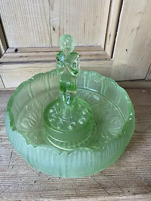 Buy Vintage Art Deco Frosted Green Glass Fruit Bowl With Baked Last Figurine  • 39.99£