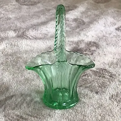 Buy Vintage Green Glassware Basket With A Handle Vase 5 Inches X  7 Inches • 10.86£
