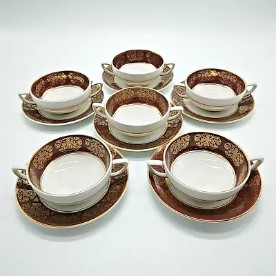 Buy X6 Wood & Sons Alpine White Ironstone Burgundy Soup Bowl & Saucer Sets, Seconds • 25£