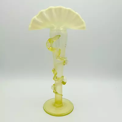 Buy Uranium Glass Art Ruffled Top Vase With Flute Stem Yellow, Green Antique? • 69.99£