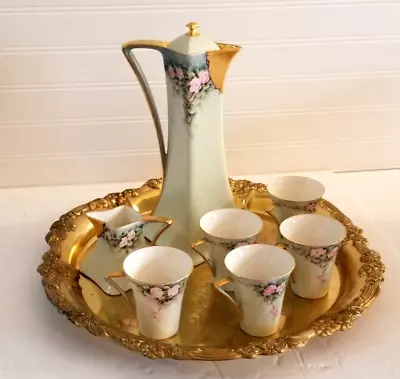 Buy ANTIQUE LIMOGES FRANCE Chocolate Pot Creamer And 5 Cups Set Hand Painted • 168.90£