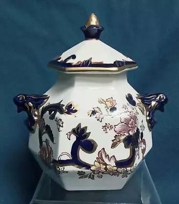 Buy Vintage Masons Blue Mandalay Lion Handled Six Sided Lidded Pot • 49.95£