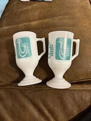 Buy Set Of 2 Vintage Federal Milk Glass Pedestal Cups Mugs Turquoise Danish Rooster • 14.30£