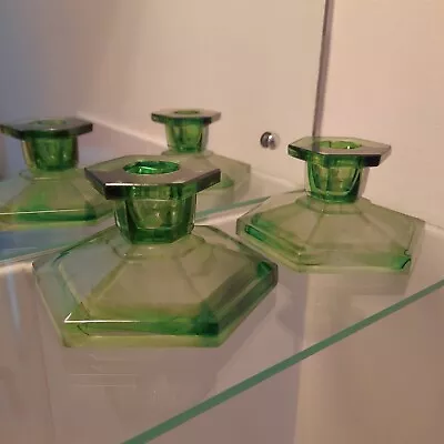 Buy Vintage Art Deco Style Green Glass Candlesticks X 2 • 18£
