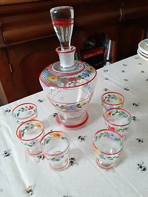 Buy Decanter Vintage Handpainted Small With 6 Matching Glasses • 10.50£