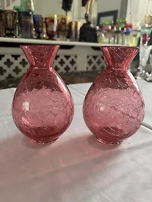Buy Two Victorian Pink Crackle Glass Vases • 30£