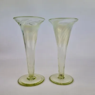 Buy Antique Pair Of Opalescent Vaseline Glass Trumpet Vases 19.5cm High • 149£