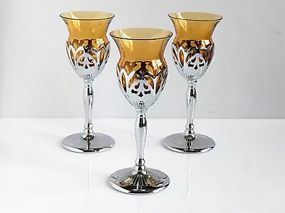 Buy Farber Amber Glass Chrome Cordial Glasses 1930s Set Of 3 Excellent Condition • 46.99£