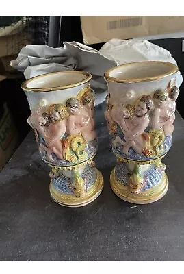 Buy Pair Of Late 19th Century CAPODIMONTE Porcelain Pedestal Vase. Excellent Cond. • 770.37£