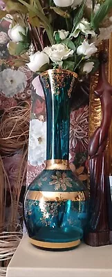 Buy Vintage Tall Venetian Teal Art Glass Vase With 24k • 140£