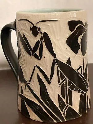 Buy Karen Newgard Pottery 5  Tall Sgrafitto Carved Mug Praying Mantis & Irises CHIP • 38.52£