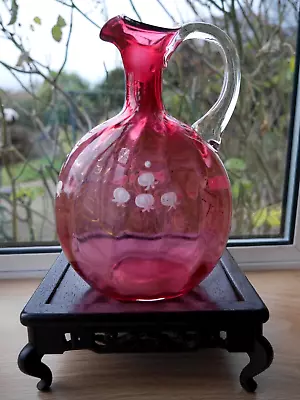 Buy Cranberry Pink Glass Vintage Victorian Antique Jug Jug With Applied Flowers • 20£
