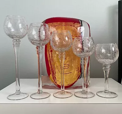Buy RARE Set - 5 Long Stem Crackle Glass Tealight Candle Holders Each Different Size • 74.77£