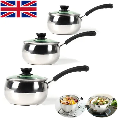 Buy 3Pcs Induction Non Stick Stainless Steel Cookware Kitchen Glass Lids Pot Pan Set • 19.99£