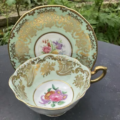 Buy Vintage Paragon Gilt & Mint Green  Cabinet Tea Cup Cabbage Rose Floral Bouquet • 24£