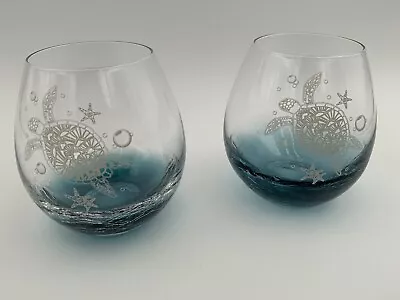 Buy Pair Of Sea Turtle Stemless Wine Glasses Crackle Glass EUC • 52.18£