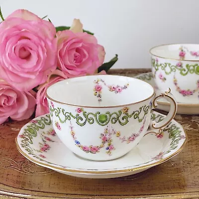Buy Antique Royal Crown Derby Tea Cup & Saucer Set, Handpainted Pink Roses & Swags • 35£