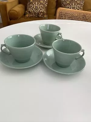 Buy 3 X Vintage Wood Woods Ware Beryl Green Cups & Saucers 1940s 1950s WWII Utility • 9.99£
