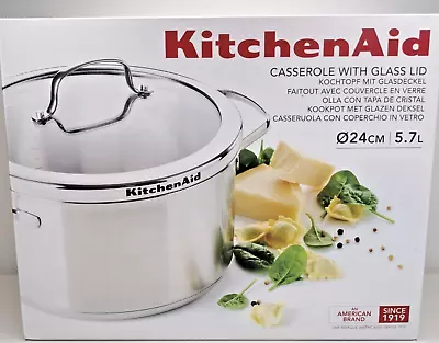 Buy KITCHEN AID POT ,Stainless Steel CASSEROLE With Glass Lid 24cm / 5.7L, Rrp: £100 • 39.95£