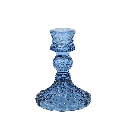Buy Glass Candle Holder Blue Ribbed Design Dinner Tabletop Decorative Centrepiece • 5.75£