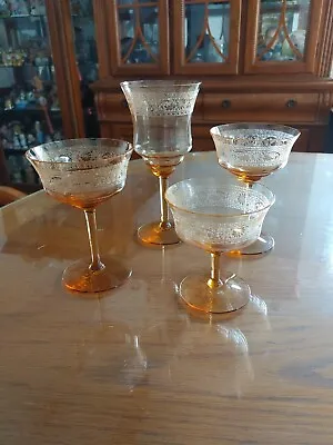 Buy FOSTORIA ROYAL ETCH Amber Champagne Art Deco Set Of Four. Vtg 1930. Exclt. Cond. • 81.70£
