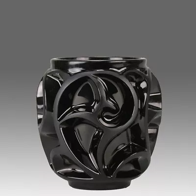 Buy Late 20th Century Satin Black Glass Vase Entitled  Black Tourbillon  By Lalique • 985£