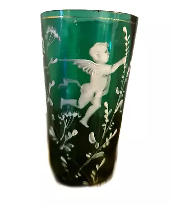 Buy Antique Mary Gregory Bohemian Hand Enamelled Green Glass Tumbler • 35£