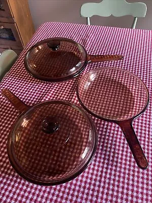 Buy Vintage Pyrex Corning Vision Ware Amber Glass Skillet Fry Pan 5 Piece Set • 55.89£