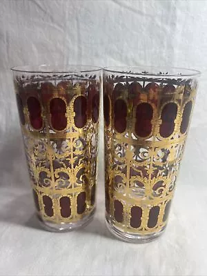 Buy Set Of 2 Vintage Culver Majorca Cranberry Red & Gold Scroll Glasses MCM • 14.22£
