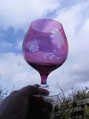 Buy Vintage Brandy Glass Pink Raspberry Iridescent Glass Etched Drinking For Charity • 8£