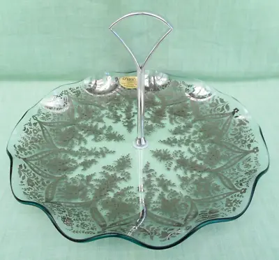 Buy Vintage Chance Glass Cake Plate - Centre Handle - Ruffled Edge - Silver Filigree • 9.99£