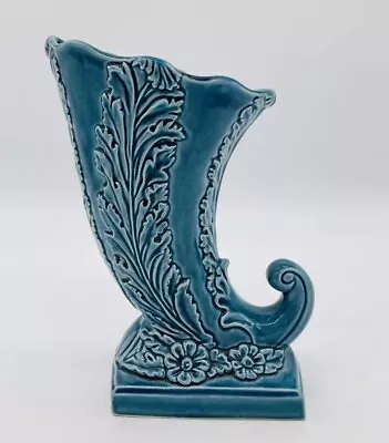 Buy Blue Scrolled Pottery Mantle Vase Cornucopia Shell 1950's Vase Floral 942 Vtg • 29.99£