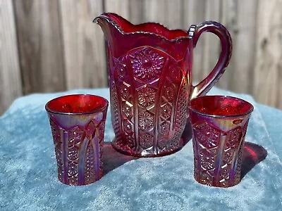 Buy Indiana Glass Iridescent Carnival Heirloom Pitcher W/ 2 Tumblers, 8 1/8  H • 168.13£