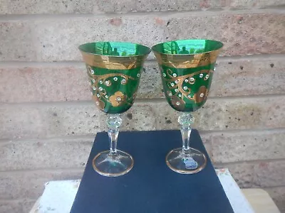 Buy Vintage Bohemia Crystal  Green Embellished /gold Pair Of Wine Glasses • 29.99£