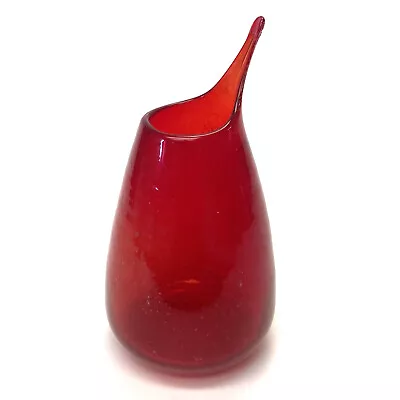 Buy Vintage Hand Blown Crackle Glass Tumbler Vase With Spout In Ruby Red • 14.61£