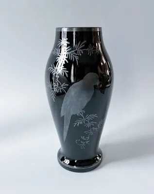Buy Black Amethyst Art Glass Vase Silver Overlay Bird Sign Czechoslovakia 1920s  • 27.89£