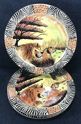 Buy 3 Zimbabwe Lions Dinner Plates African Trees Hand Painted Signed Mpofu & Vunola • 45.42£