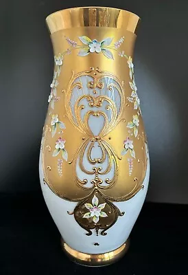 Buy Czech Bohemian White & Gold Enamel Flower Glass Vase 11.75  W/ Original Label • 57.19£