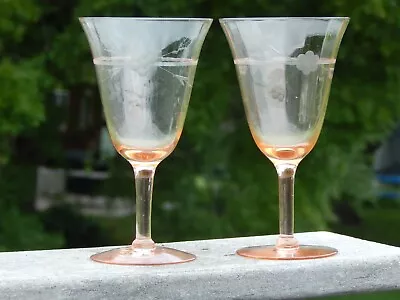 Buy (2) PINK WINE GLASSES Antique 1920s-30s Depression, Floral, Cut Crystal Stemware • 26.52£